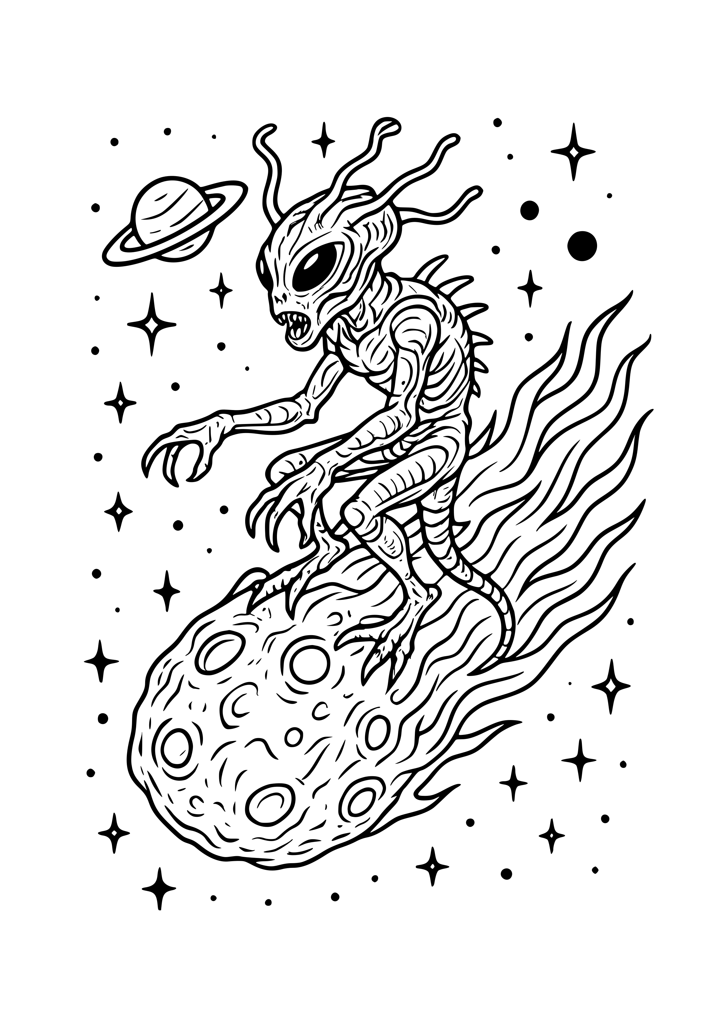 Alien Creature Riding a Comet Coloring Page — Free printable coloring page