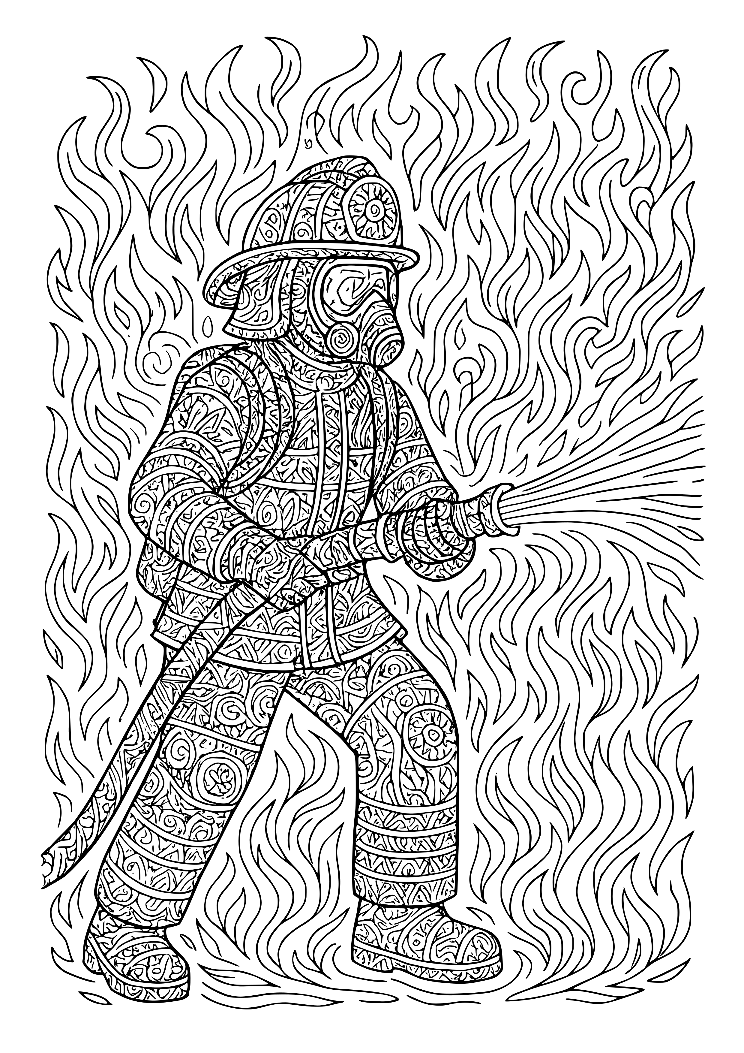 Firefighter with a Hose and Flames in the Background Coloring Page ...